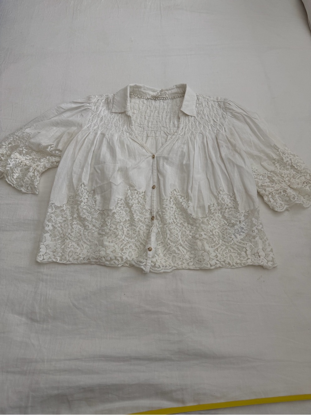 Anthropologie Cream Lace-Trim Button Down Blouse